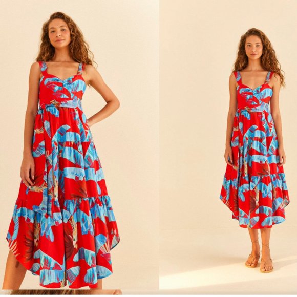 FARM RIO RED SWEET JUNGLE PRINT MIDI DRESS sz M - Picture 4 of 4